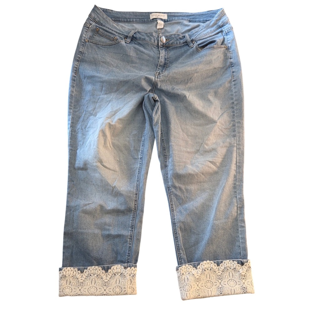 Lane Bryant Women 20 Light Wash Lace Trim Cropped Jeans Stretch Denim Capris